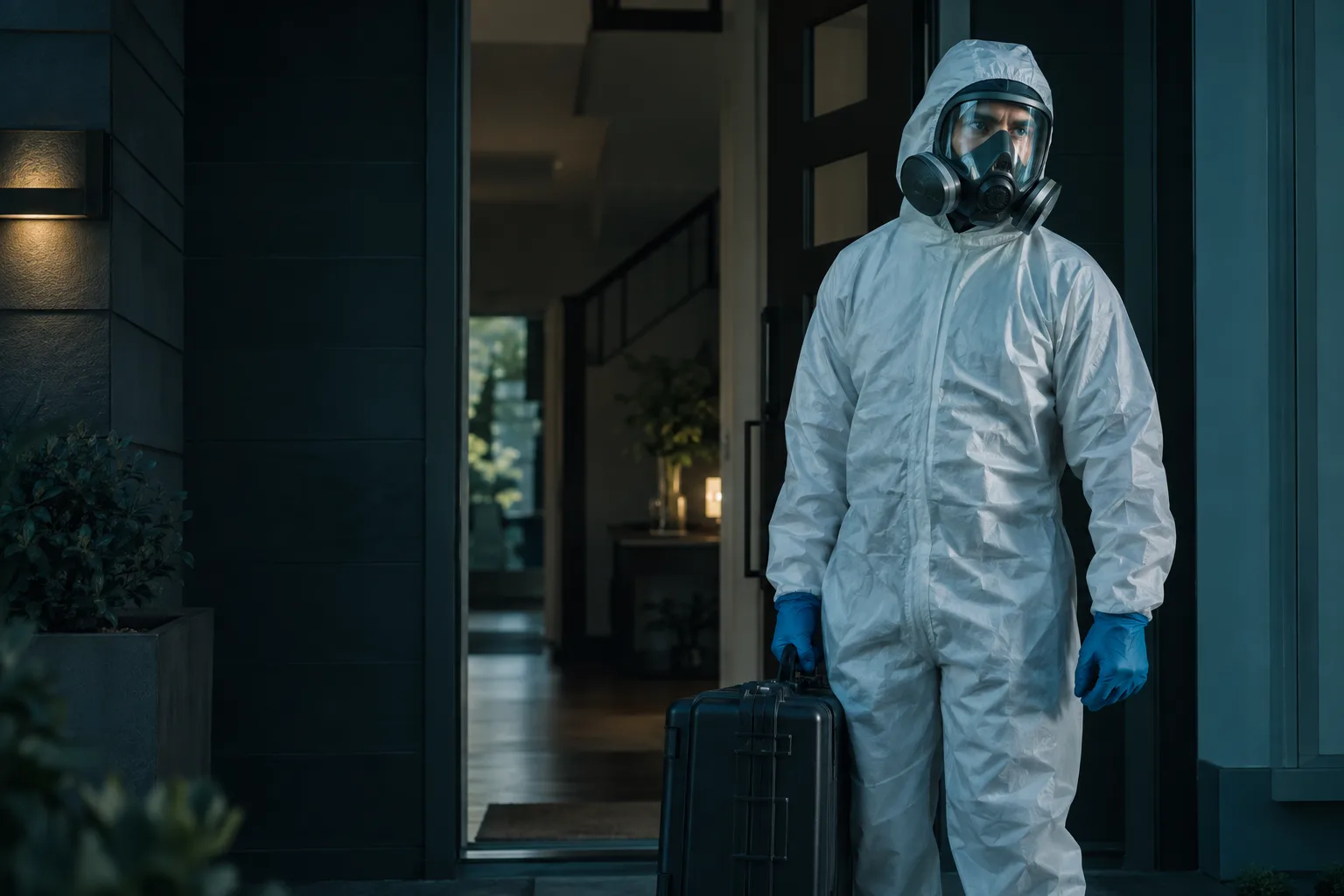 AI-generated illustration of a cleanup technician in protective equipment at a residential doorway