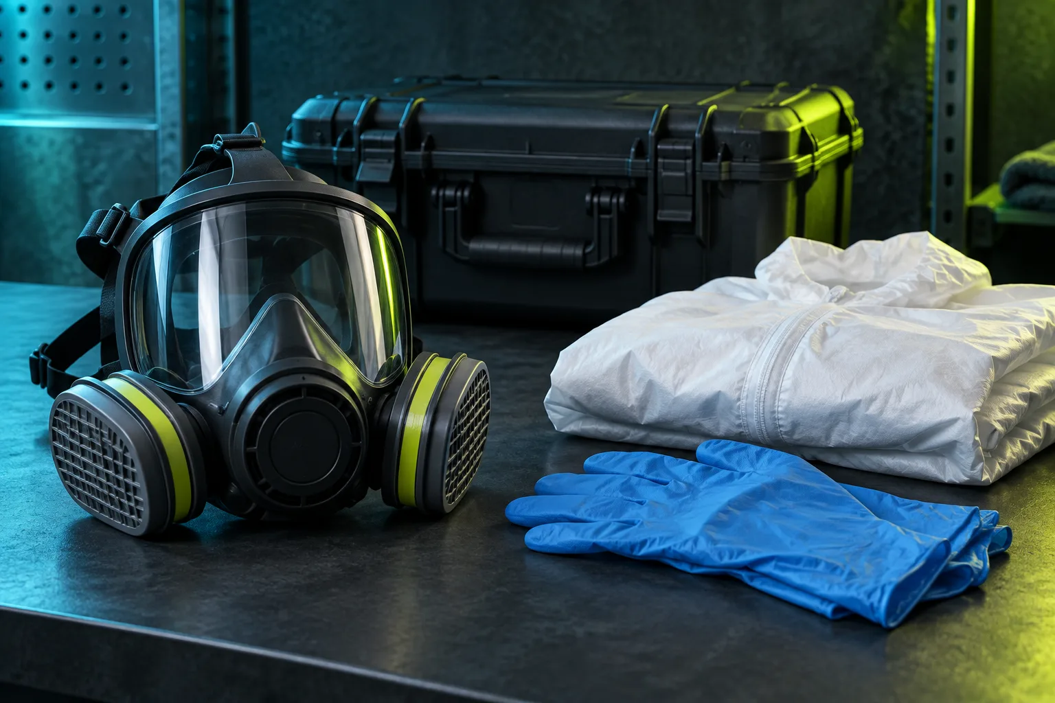 AI-generated illustration of protective gloves, coveralls, respirator, and equipment case